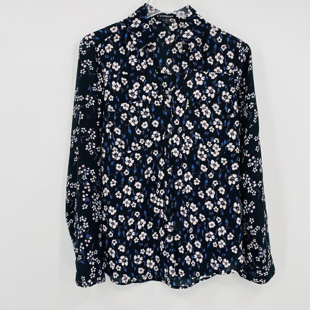 Express Size Small Black & Blue Floral Long Sleeve Button Down Career Blouse Top